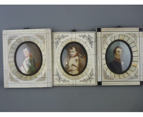 Three Continental portrait miniatures printed and painted, depicting Napoleon Bonaparte and Wellington in stained bone frames