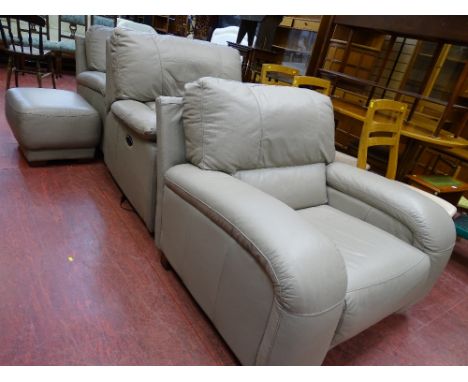 Excellent leather effect three piece comprising compact two seater sofa and an electric reclining armchair and another armcha