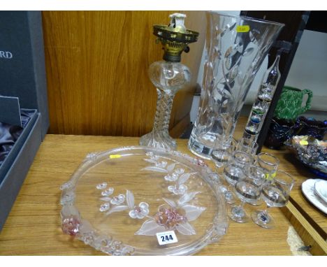 Glass oil lamp with twist column, Galileo thermometer, heavy based glass vase and other glassware