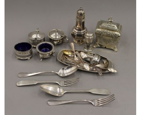 A quantity of miscellaneous items, including silver plate, caddy, etc.