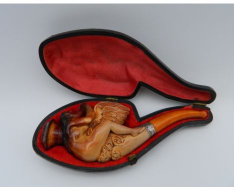 A cased Victorian Meerschaum pipe decorated with Leda and the Swan.  12 cm long.