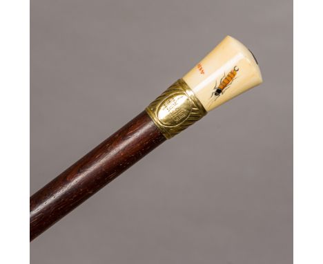 A late 19th century walking stick, set with shibayama inlaid ivory knop finial, signed.  93 cm long. 