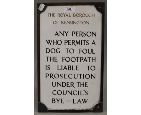 A double sided Dog Fouling enamel sign for The Royal Borough of Kensington. 41 cm high.
