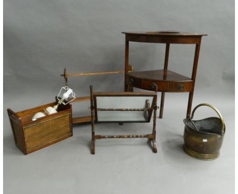 A 19th century mahogany corner washstand, a Victorian pine hanging shelf, a mahogany toilet mirror, etc.