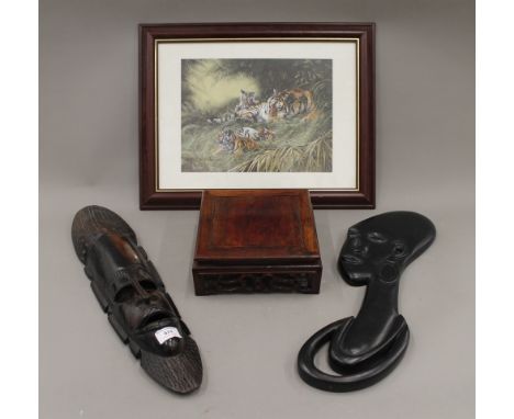 Two African wall masks, a Chinese stand and a print of tigers. The wooden figure 114 cm high.
