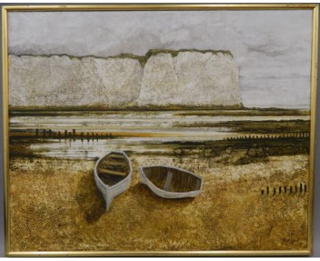 JOHN RIDGEWELL (1937-2004) British (AR), Coast, Two Boats, oil on canvas, signed, old Mansard Art Gallery label to verso, fra