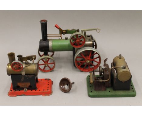 A Mamod traction engine and two stationary engines.
