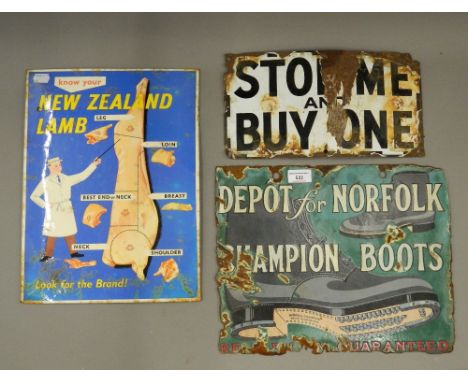 A Norfolk Boots enamel advertising sign and two others. The former 38 cm wide.