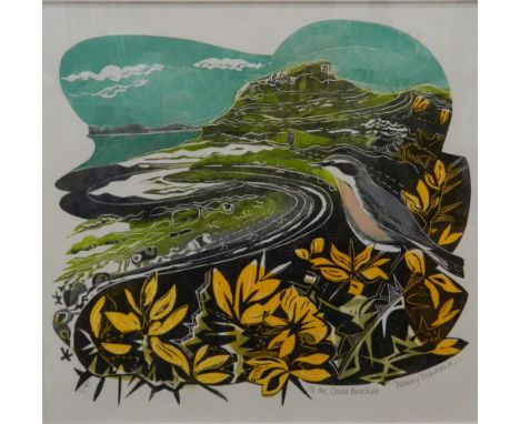 PENNY BHADRESA, lino-cut print 'To the Coral Beaches', numbered 11/40, framed and glazed. 25.5 x 24 cm.