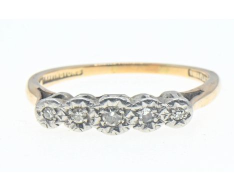 Bravingtons five stone diamond ring mounted in platinum on yellow metal testing positive for 9ct gold. Size P 1/2, gross weig