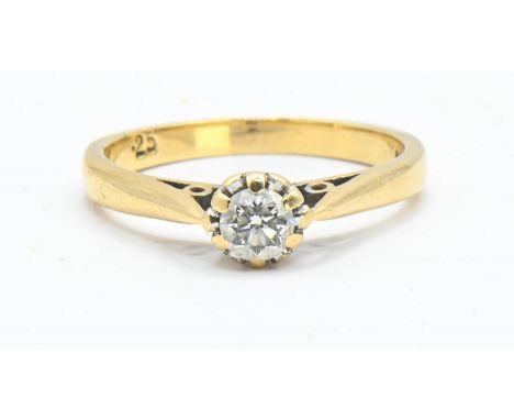 Solitaire diamond ring. Stated diamond weight 0.25 carat With chenier shoulders on 9ct gold. Size L Gross weight 2.23g 