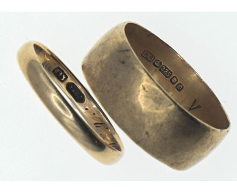 9ct gold wedding band and an 8ct gold band (marked 333). Sizes W &amp; R respectively. Gross weight 8.5g Larger ring has ding
