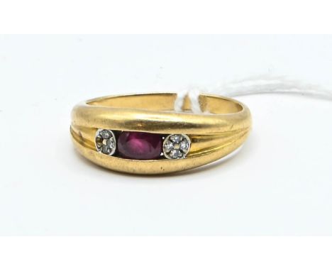 Yellow metal, ruby and diamond ring, yellow metal tests positive for 22ct gold, indecipherable rubbed mark, size M1/2, gross 