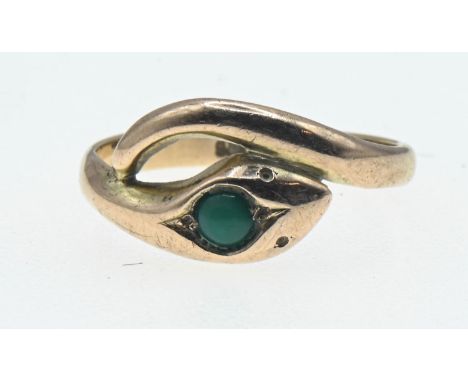 9ct gold crossover serpent ring with green stone, size N, gross weight 2.38 grams