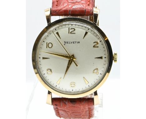 Helvetia Swiss 9ct gold cased gents manual wind watch, 17 jewels, case diameter 36mm, with leather strapRunning. 