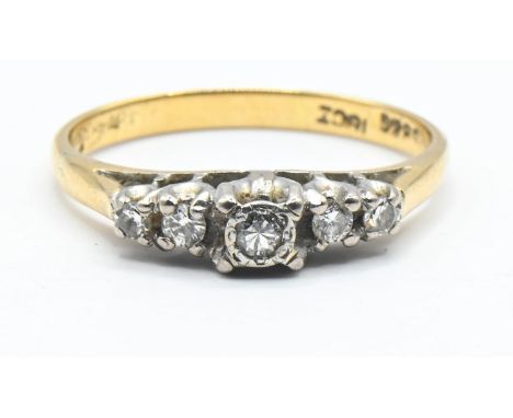 Diamond five stone ring in a white metal setting on 18ct gold. Size L1/2. Gross weight 2.40g. 