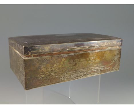 Silver cigarette box, William Adams Ltd, Birmingham 1950, with engine turned decoration and blank cartouche to cover, present