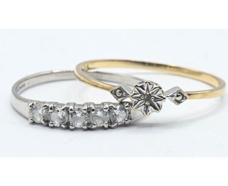 9ct white gold and CZ ring, size N 1/2, together with a yellow metal ring set with central melee diamond, size P. Gross weigh