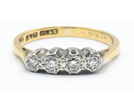 Diamond four stone 18ct gold ring, size J, Gross weight 2.29g 