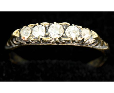 18ct gold and five stone diamond ring with old cut stones and scrolled mount, size N 1/2, gross weight 2.08 grams 