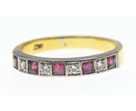 18ct gold, ruby and diamond set half hoop ring, size R 1/2, gross weight 4.63 grams 