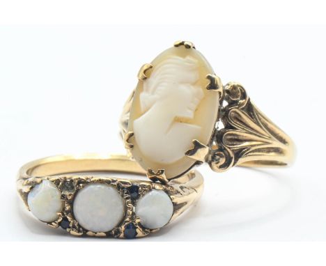 Two rings; including: a 9ct gold cameo ring, size P 1/2; and a 9ct gold opal trilogy ring with four sapphire chips, size P. C