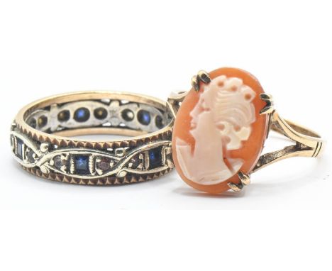 9ct gold cameo set ring, size L 1/2, together with a 9ct yellow and white gold eternity ring set with sapphires and white sto