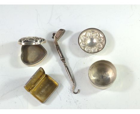 Two silver pill boxes, silver stamp box and a golf club silver handled button hook, various makers and dates 