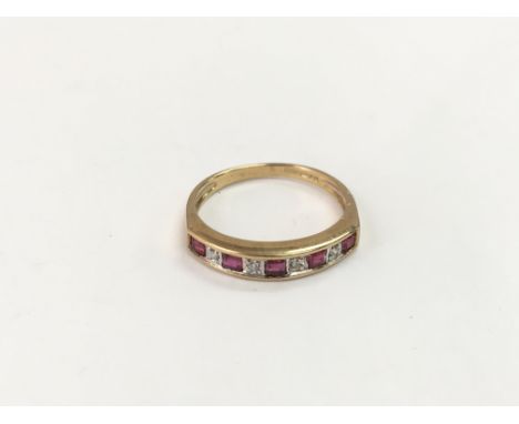 A 9ct gold, square cut ruby and diamond half hoop ring, approx 1.9g and approx size N.