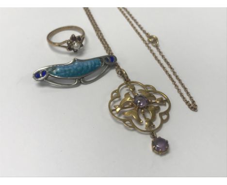 A 9 ct gold chain with Amethyst pendant a silver and enamel pendant and a 9 ct gold ring .