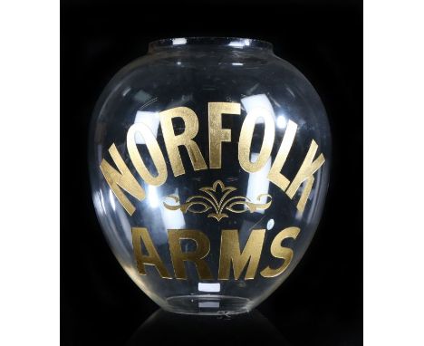 A large late 19th century / early 20th&nbsp;Century Public House glass advertising lamp light globe, engraved “Norfolk Arms” 