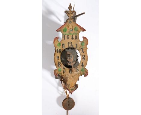 A Black Forest wooden wall clock, single-train weight driven movement, fret-cut painted Arabic dial, figural pediment, bearin