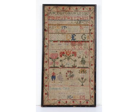 A George III Scottish alphabet sampler, with figural and foliate detail, named Elizabeth Pearl Mary Bowen, geometric floral b