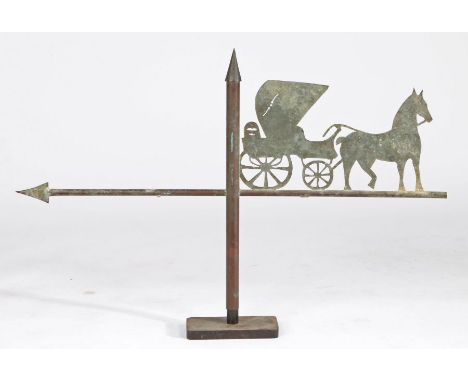 Copper weathervane, with a horse drawn carriage, the opposing end with an arrow, 62cm high, 90cm long