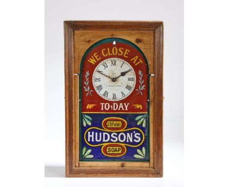 Hudson's Soap enamel advertising shop's clock, having white dial with black roman numerals, the dial signed "Patent Enamel Co