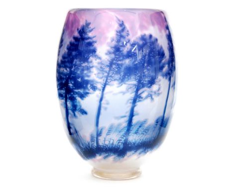 A large contemporary Jonathan Harris studio glass Cased Cameo vase, titled Stormforce, of swollen sleeve form raised on a cle