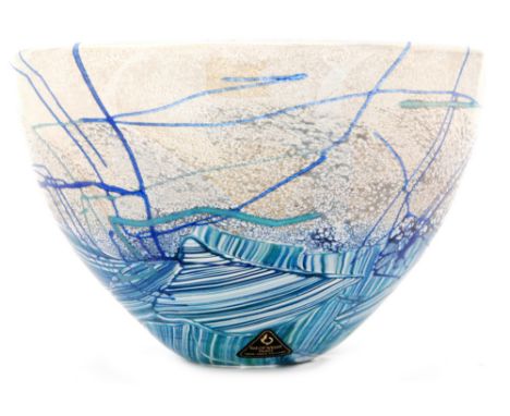 A later 20th Century Isle of Wight Seascape glass bowl, decorated with veined blue panels below an opal upper section with av