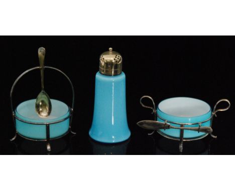 A 1920s John Walsh Walsh Primrose glass sugar sifter together with two preserves in metal plated stands, each in pale blue ov