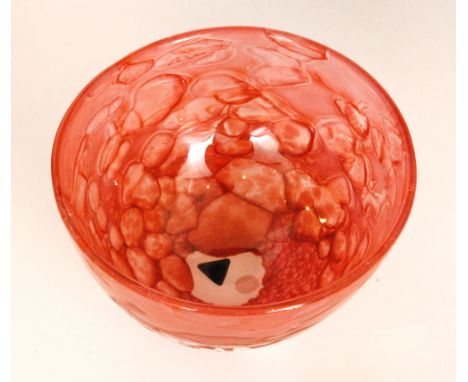 A later 20th Century Isle of Wight glass bowl decorated with opal spotting over a red iridescent ground, original label, diam