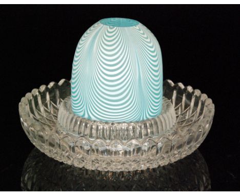 A late 19th Century Stourbridge Fairy Night Light with a pale blue dome decorated with fine white pulled thread, raised to a 
