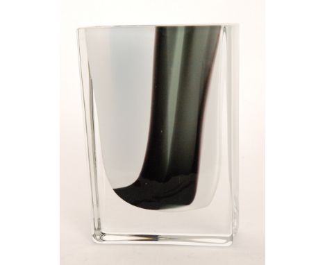 A later 20th Century Kosta Boda glass vase designed by Bengt Edenfalk, of rectangular sleeve form, decorated with opposing am