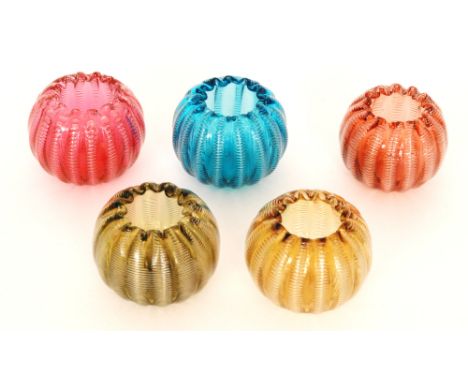 A group of five late 19th Century Stevens and Williams glass jewelled posy vases of globular form, each decorated with vertic