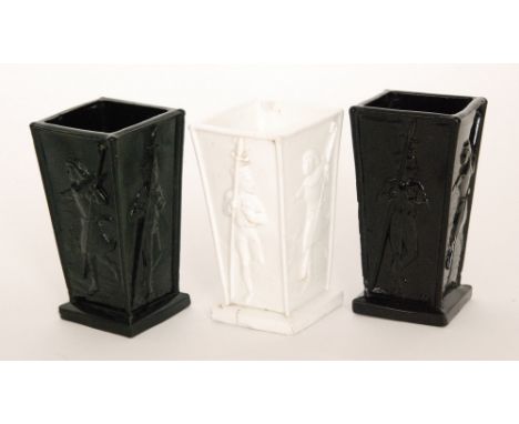 A group of three Sowerby pressed glass vases of footed square form each with a Walter Crane design depicting the Good Shepher