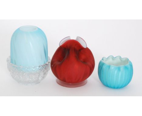 A group of late 19th Century John Walsh Walsh satin air trap glass, comprising a ruby posy vase with dimpled body, a small po