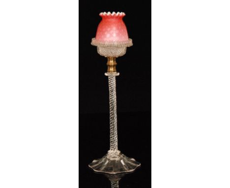 A late 19th Century Stourbridge Fairy Night Light quilted satin air trap dome with frill rim, cased in ruby over opal with a 