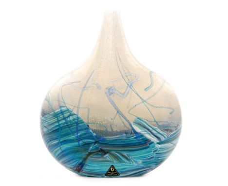 A later 20th Century Isle of Wight glass Seascape Lollipop vase of compressed form with slender neck, decorated with veined b