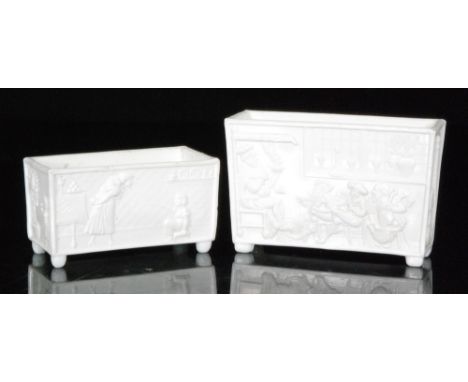 A late 19th Century Sowerby pressed glass posy trough in the Old King Cole pattern with relief moulded figures to a milk whit