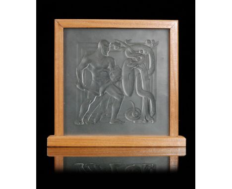 A 1930s John Walsh Walsh glass Vesta lighting panel from the Twelve Labours of Hercules series designed by Walter Gilbert, of