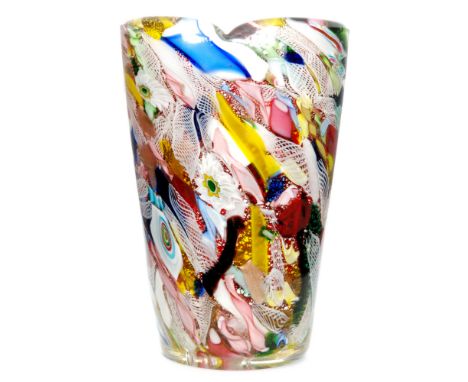 A 1950s AVeM Tutti Frutti vase of compressed sleeve form with dip detail, cased in clear crystal over a random murrine cane w