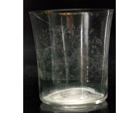 A mid 18th Century clear crystal tumbler of flared cylindrical form, diamond point etched with a pastoral scene with two cows